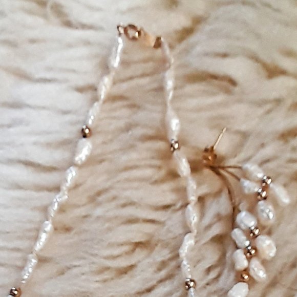 So Graceful! Vintage Cultured Rice Pearl Necklace & Drop Earrings -  14K I.P.S. - Picture 3 of 4